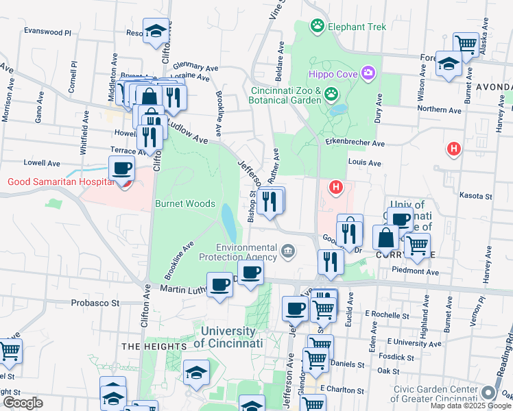 map of restaurants, bars, coffee shops, grocery stores, and more near 3239 Jefferson Avenue in Cincinnati