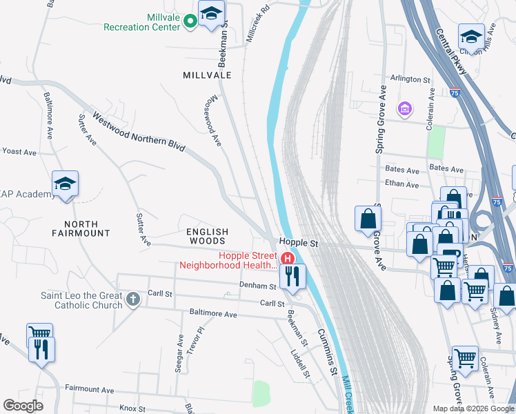 map of restaurants, bars, coffee shops, grocery stores, and more near 3048 Beekman Street in Cincinnati