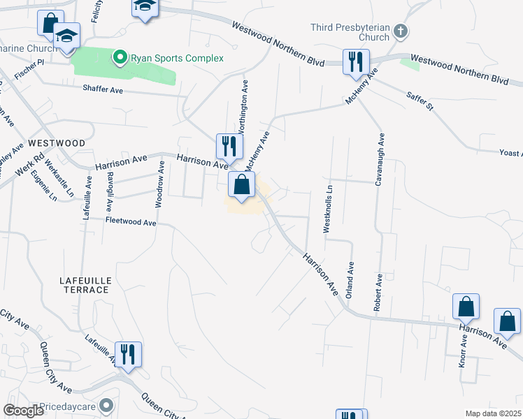 map of restaurants, bars, coffee shops, grocery stores, and more near 2398 Harrison Avenue in Cincinnati