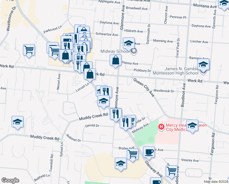 map of restaurants, bars, coffee shops, grocery stores, and more near 3062 Glenmore Avenue in Cincinnati