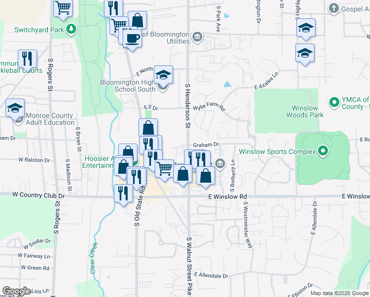 map of restaurants, bars, coffee shops, grocery stores, and more near 587 East Graham Place in Bloomington