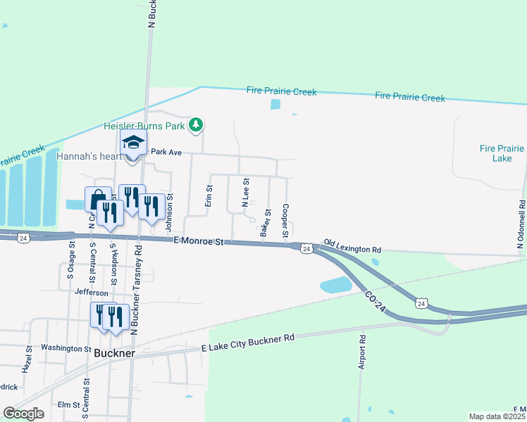 map of restaurants, bars, coffee shops, grocery stores, and more near 108 Baker Street in Buckner
