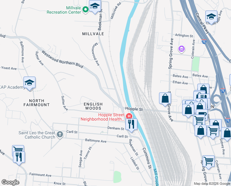 map of restaurants, bars, coffee shops, grocery stores, and more near 3048 Beekman Street in Cincinnati