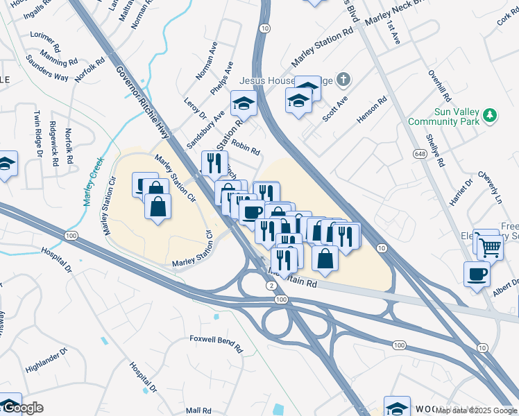 map of restaurants, bars, coffee shops, grocery stores, and more near 7847 Americana Circle in Glen Burnie