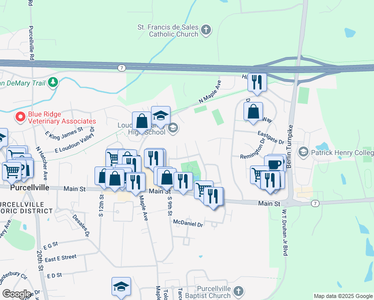 map of restaurants, bars, coffee shops, grocery stores, and more near 210 Grassy Ridge Terrace in Purcellville