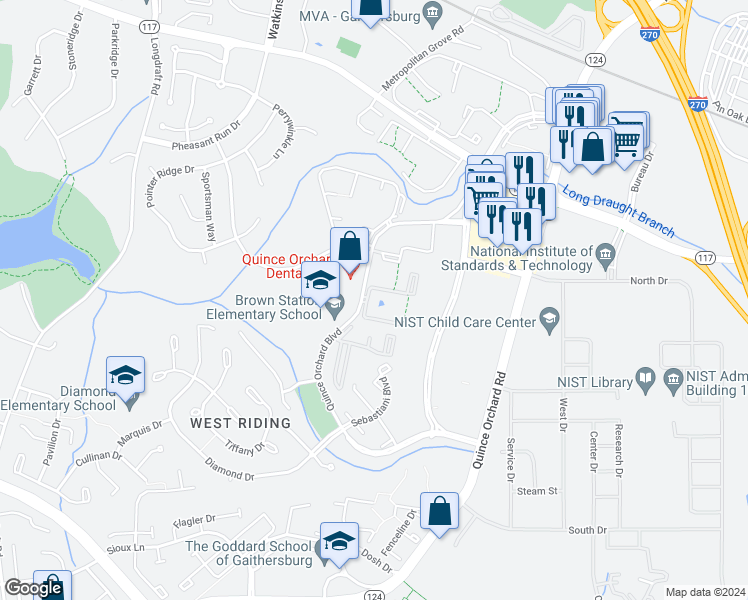 map of restaurants, bars, coffee shops, grocery stores, and more near 806 Quince Orchard Boulevard in Gaithersburg