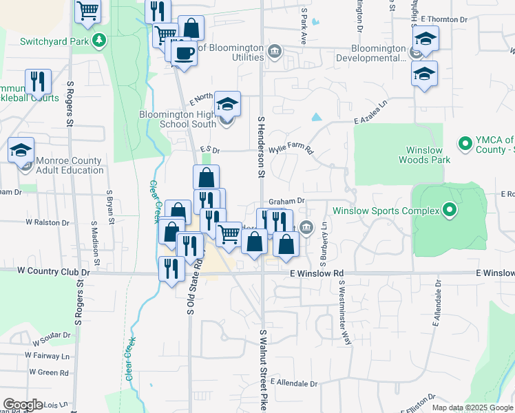 map of restaurants, bars, coffee shops, grocery stores, and more near 587 East Graham Place in Bloomington