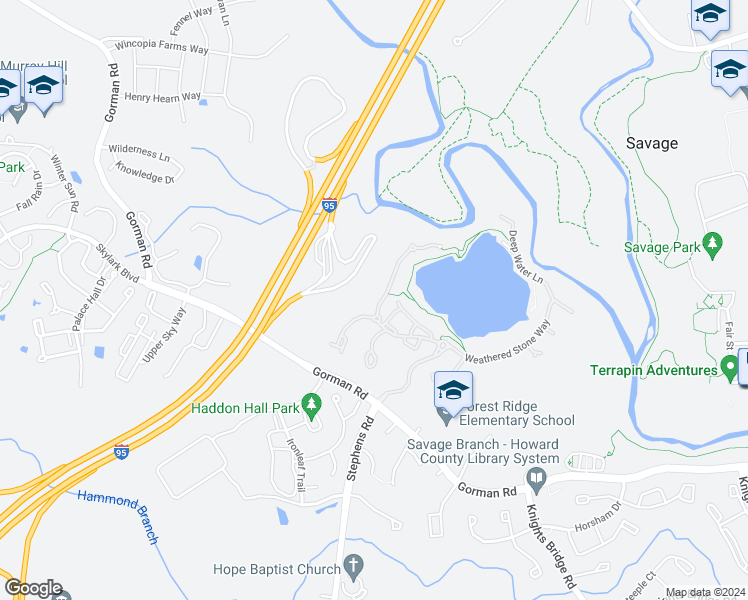 map of restaurants, bars, coffee shops, grocery stores, and more near 8751 Boulder Ridge Road in Laurel