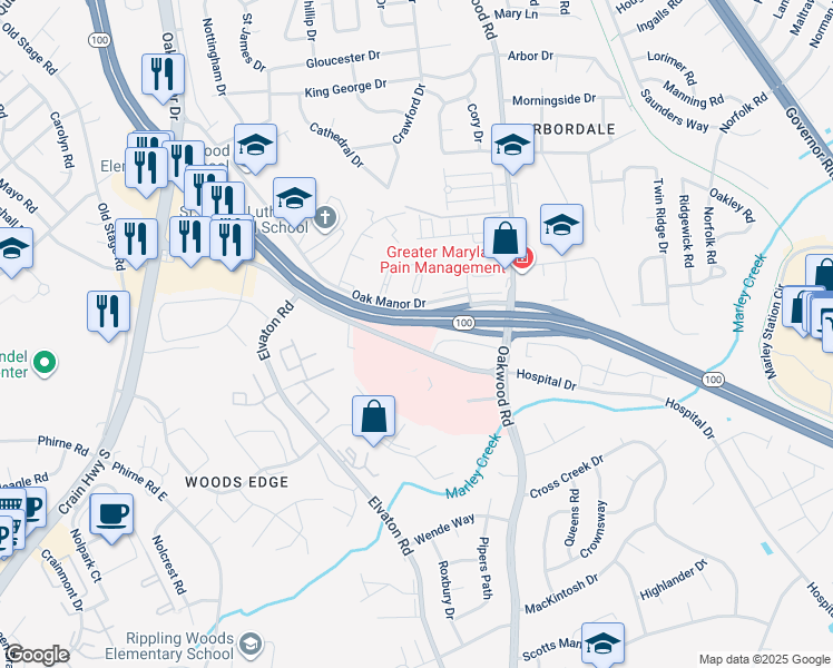 map of restaurants, bars, coffee shops, grocery stores, and more near 306 Hospital Drive in Glen Burnie
