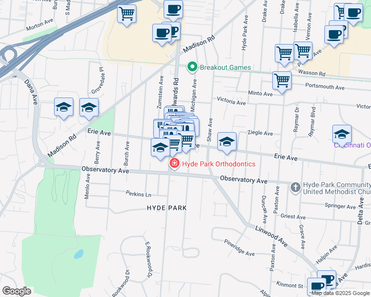 map of restaurants, bars, coffee shops, grocery stores, and more near 2727 Erie Avenue in Cincinnati