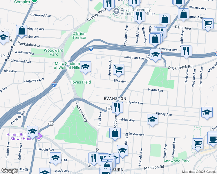 map of restaurants, bars, coffee shops, grocery stores, and more near 1544 Ruth Avenue in Cincinnati
