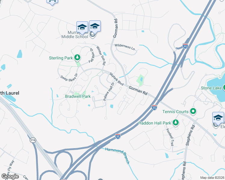 map of restaurants, bars, coffee shops, grocery stores, and more near 9703 Scentless Rose Way in Laurel