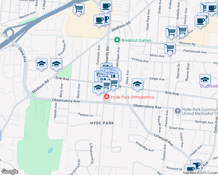 map of restaurants, bars, coffee shops, grocery stores, and more near 2700 Erie Avenue in Cincinnati