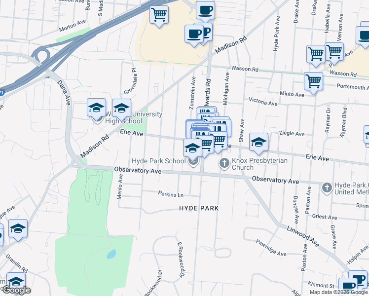 map of restaurants, bars, coffee shops, grocery stores, and more near 2603 Erie Avenue in Cincinnati