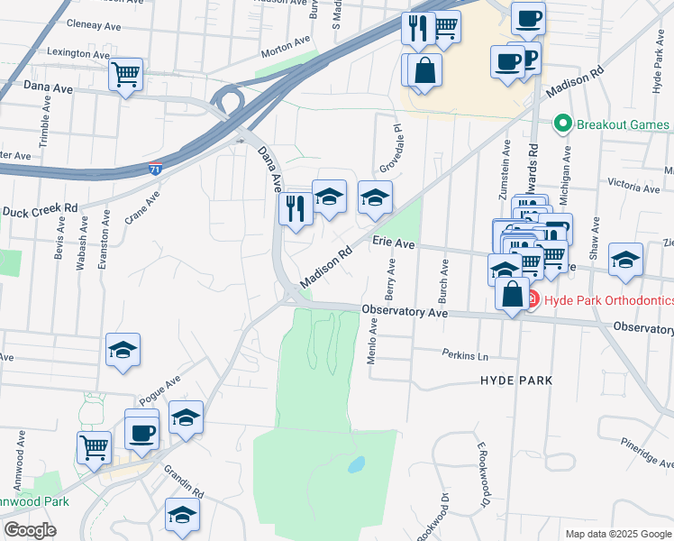 map of restaurants, bars, coffee shops, grocery stores, and more near 2455 Madison Road in Cincinnati