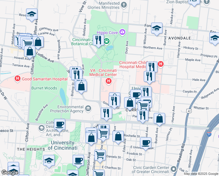 map of restaurants, bars, coffee shops, grocery stores, and more near 3200 Vine Street in Cincinnati