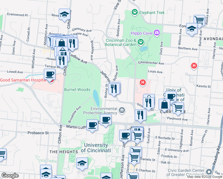 map of restaurants, bars, coffee shops, grocery stores, and more near 3239 Jefferson Avenue in Cincinnati
