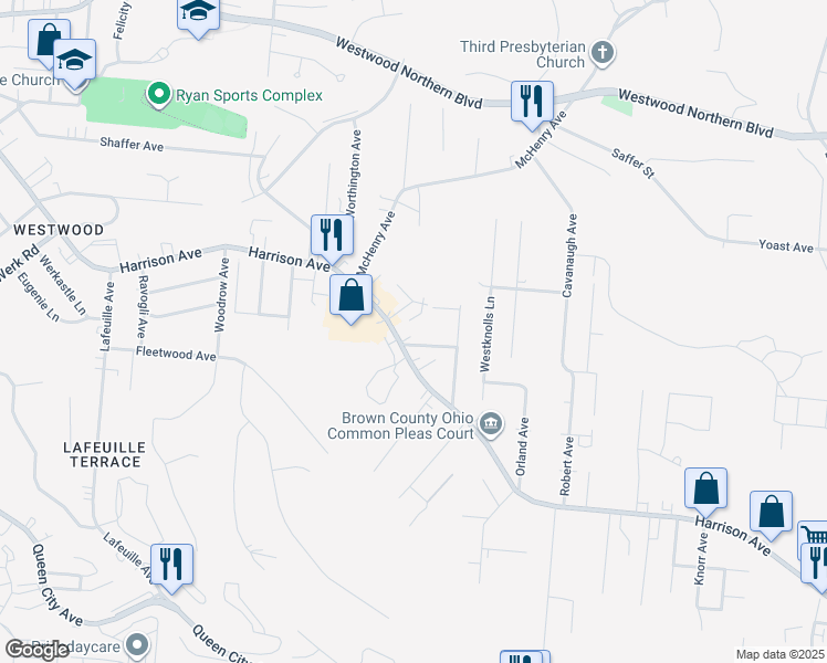 map of restaurants, bars, coffee shops, grocery stores, and more near 2398 Harrison Avenue in Cincinnati