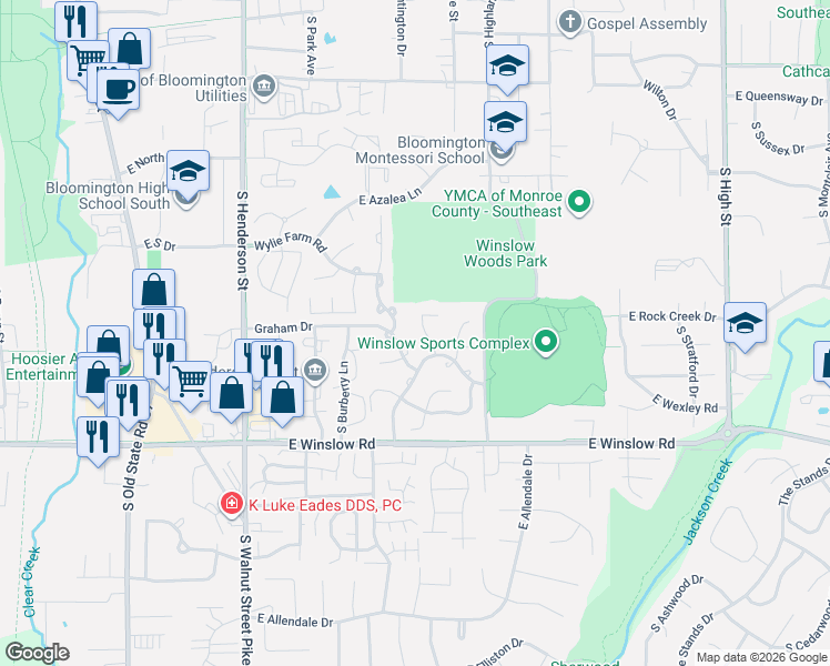map of restaurants, bars, coffee shops, grocery stores, and more near 2248-2254 South Olde Mill Drive in Bloomington