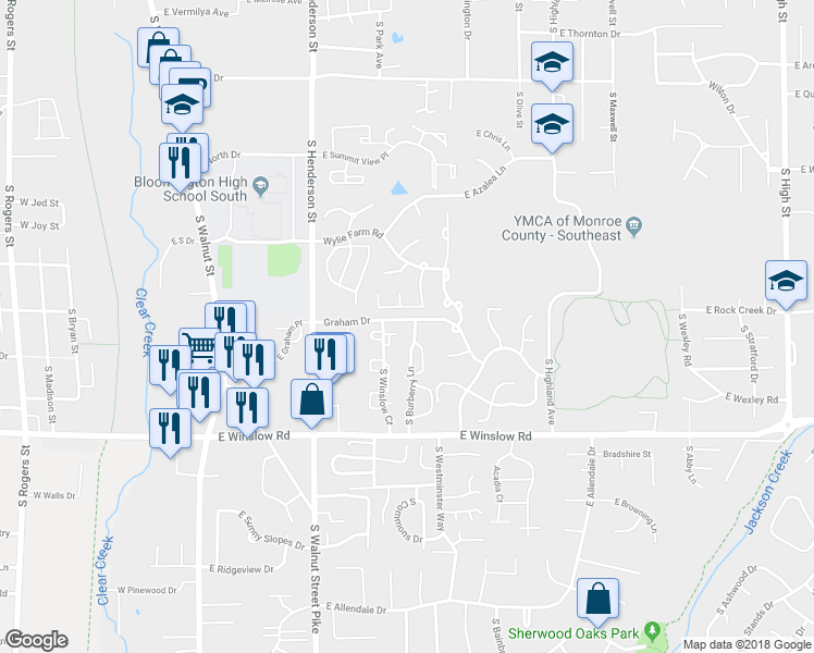 map of restaurants, bars, coffee shops, grocery stores, and more near 2300 South Burberry Lane in Bloomington