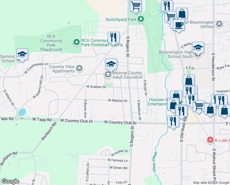 map of restaurants, bars, coffee shops, grocery stores, and more near 2500-2532 S Ford Ave in Bloomington