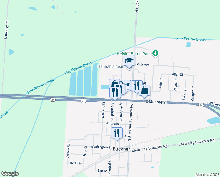 map of restaurants, bars, coffee shops, grocery stores, and more near 104 North Central Street in Buckner
