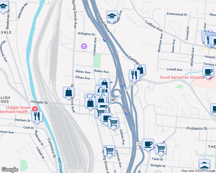 map of restaurants, bars, coffee shops, grocery stores, and more near 1279 Stock Avenue in Cincinnati