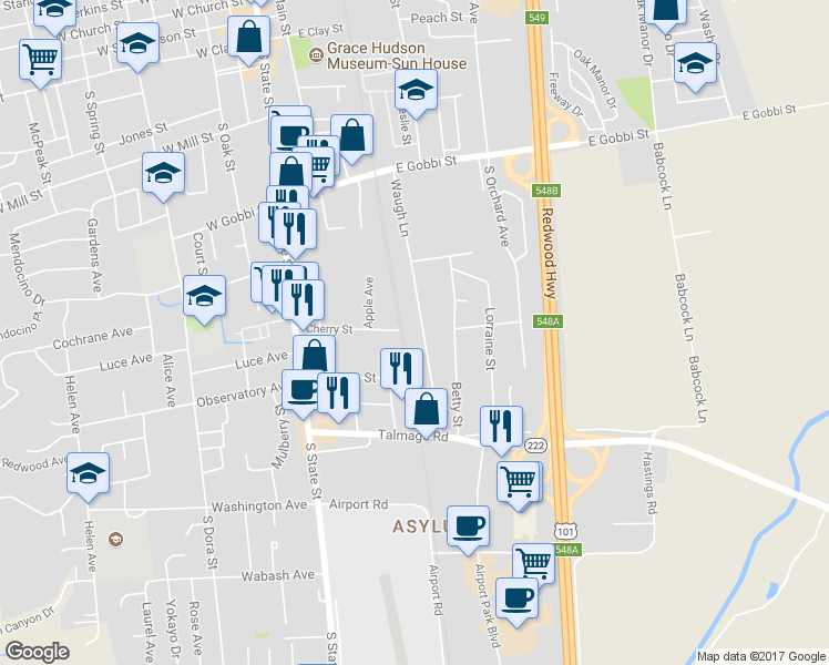 map of restaurants, bars, coffee shops, grocery stores, and more near 880 Waugh Lane in Ukiah