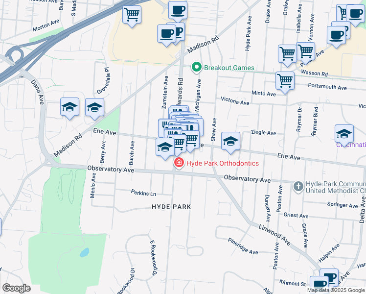 map of restaurants, bars, coffee shops, grocery stores, and more near 2713 Erie Avenue in Cincinnati