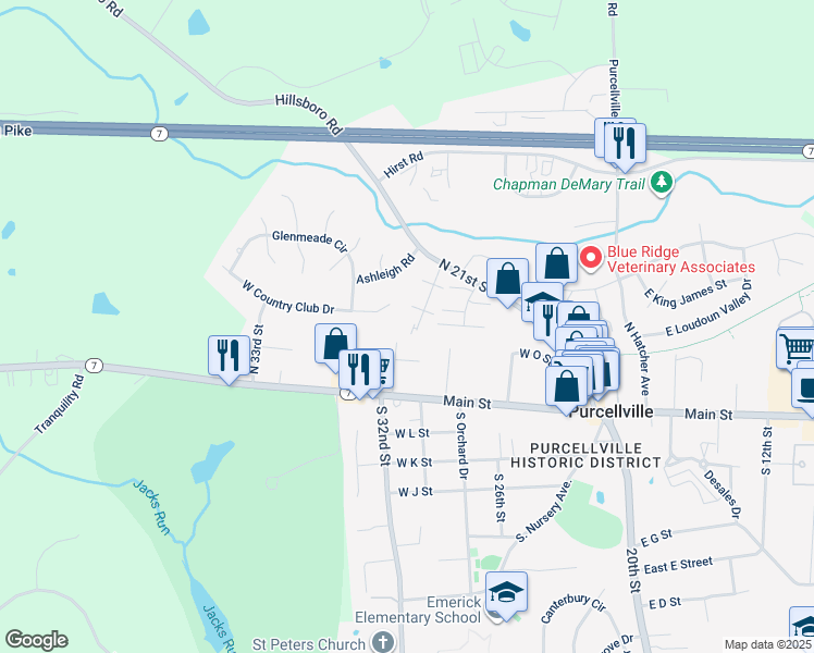 map of restaurants, bars, coffee shops, grocery stores, and more near 404 Plymouth Ridge Court in Purcellville