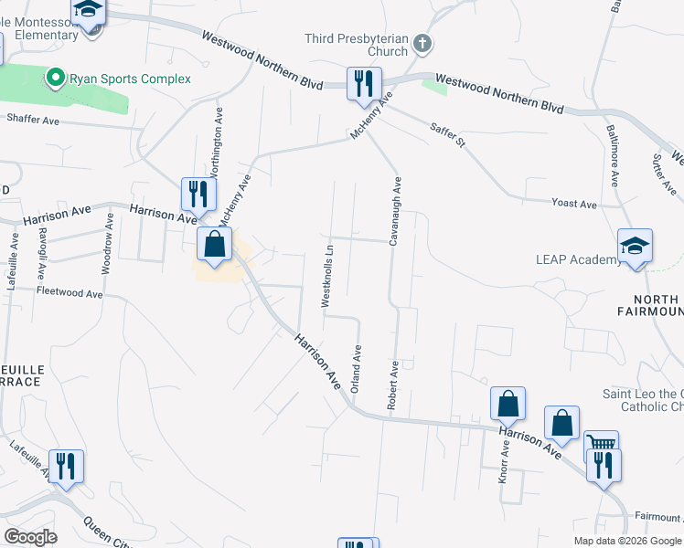 map of restaurants, bars, coffee shops, grocery stores, and more near 2950 Aquadale Lane in Cincinnati