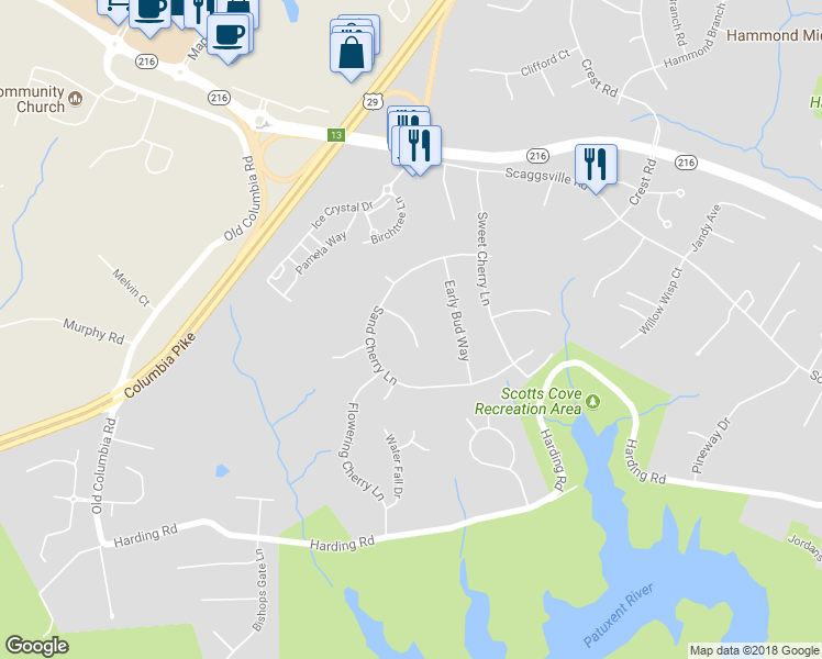 map of restaurants, bars, coffee shops, grocery stores, and more near 8312 Cherrybrook Court in Laurel