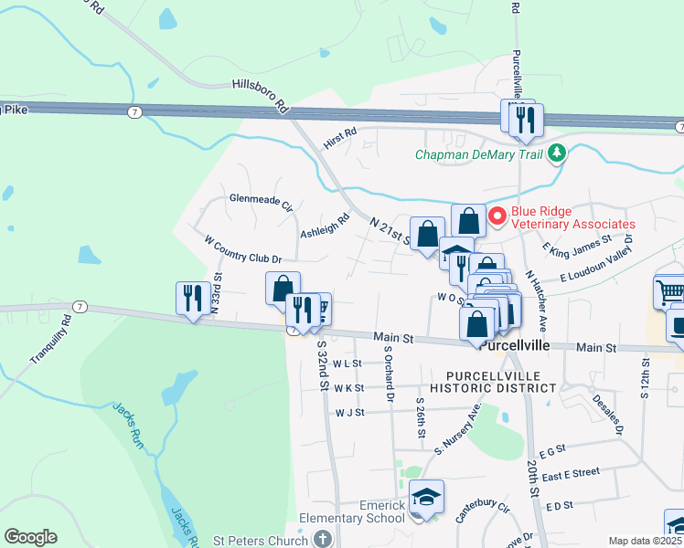 map of restaurants, bars, coffee shops, grocery stores, and more near 404 Plymouth Ridge Court in Purcellville
