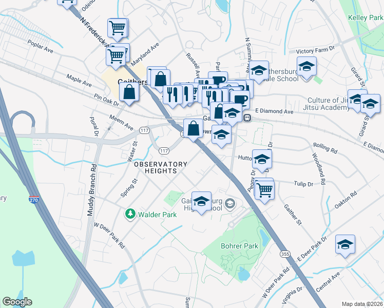 map of restaurants, bars, coffee shops, grocery stores, and more near 4 Cedar Avenue in Gaithersburg