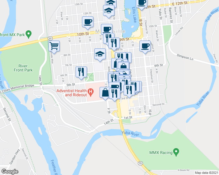 map of restaurants, bars, coffee shops, grocery stores, and more near 525 4th Street in Marysville