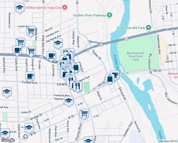 map of restaurants, bars, coffee shops, grocery stores, and more near 328 Teegarden Avenue in Yuba City