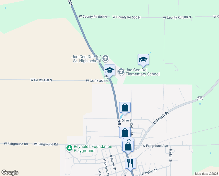 map of restaurants, bars, coffee shops, grocery stores, and more near 1037 U.S. 421 in Osgood