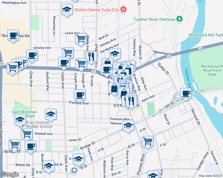 map of restaurants, bars, coffee shops, grocery stores, and more near 817 Almond Street in Yuba City