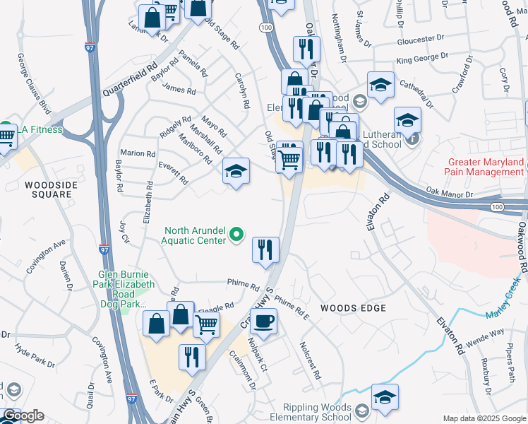 map of restaurants, bars, coffee shops, grocery stores, and more near 3 Old Stage Rd in Glen Burnie