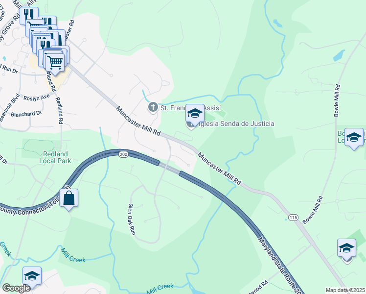 map of restaurants, bars, coffee shops, grocery stores, and more near 6508 Maryland 115 in Derwood