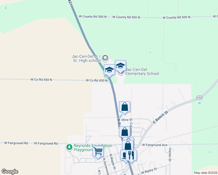 map of restaurants, bars, coffee shops, grocery stores, and more near 1037 U.S. 421 in Osgood