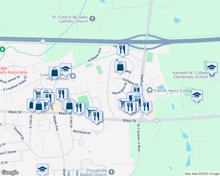 map of restaurants, bars, coffee shops, grocery stores, and more near 17288 Pickwick Drive in Purcellville