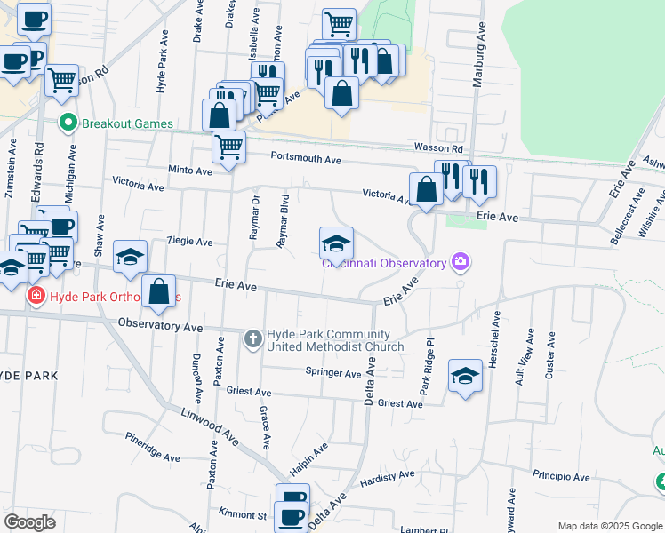map of restaurants, bars, coffee shops, grocery stores, and more near 3030 Erie Avenue in Cincinnati