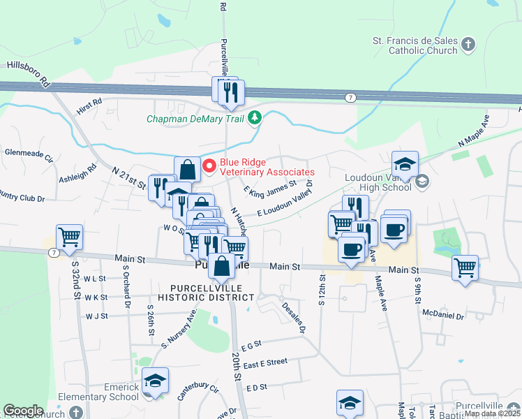 map of restaurants, bars, coffee shops, grocery stores, and more near 241 East Loudoun Valley Drive in Purcellville
