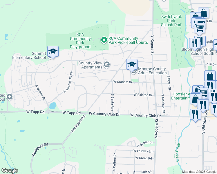 map of restaurants, bars, coffee shops, grocery stores, and more near 2607 South Rockport Road in Bloomington
