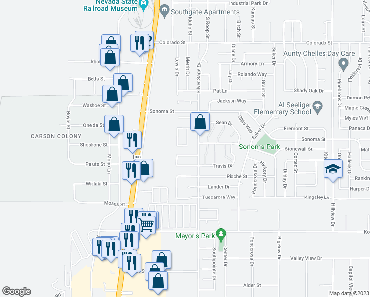 map of restaurants, bars, coffee shops, grocery stores, and more near 129 Windtree Circle in Carson City