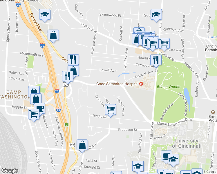map of restaurants, bars, coffee shops, grocery stores, and more near 545 Martin Luther King Drive West in Cincinnati