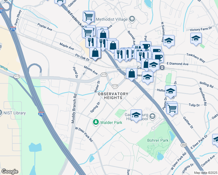 map of restaurants, bars, coffee shops, grocery stores, and more near 9 Spring Street in Gaithersburg