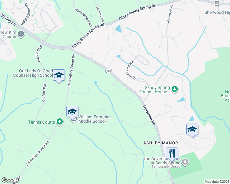 map of restaurants, bars, coffee shops, grocery stores, and more near 17318 Doctor Bird Road in Montgomery County