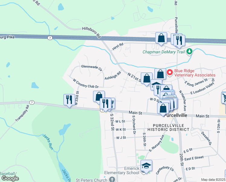 map of restaurants, bars, coffee shops, grocery stores, and more near 610 West Country Club Drive in Purcellville